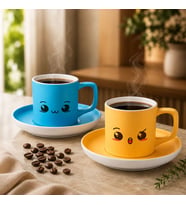 BK Gift 2'li Turkuaz ve Sarı Renkli Emoji Yüz Tasarımlı Seramik Türk Kahvesi Fincanı Takımı-8