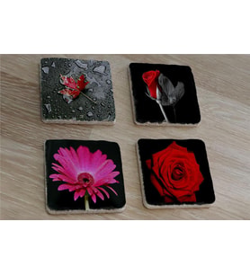 Kırmızı Gül ve Gerbera Doğal Taş Bardak Altlığı 4'lü set - Natural Stone Coasters