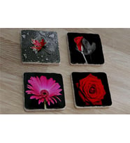 Kırmızı Gül ve Gerbera Doğal Taş Bardak Altlığı 4'lü set - Natural Stone Coasters