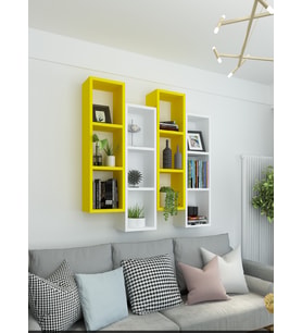 Kitaplık Modern Duvar Rafı Sarı Beyaz 4 Lü Takım (Sarı-Beyaz)