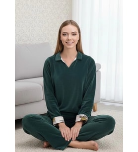 Bicomi Uzun Kollu Kadife Sweatshirt ve Pantolon Pijama Takımı (Koyu Yeşil)