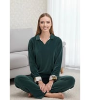 Bicomi Uzun Kollu Kadife Sweatshirt ve Pantolon Pijama Takımı (Koyu Yeşil)