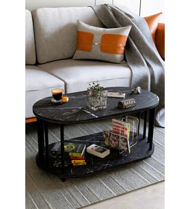 Modern Oval Orta Sehpa Çift Katlı Metal Ayaklı Dekoratif Sehpa