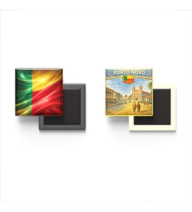 Buzdolap Magnetleri - Benin Bayrağı ve Porto-Novo Retro Tema - 2'li Set Magneti