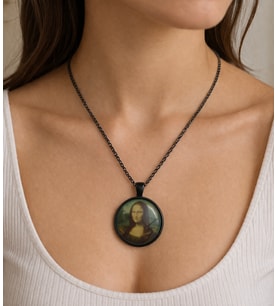 Mona Lisa Baskılı Siyah Metal Zincir Kolye Unisex 60 cm Sanat Temalı