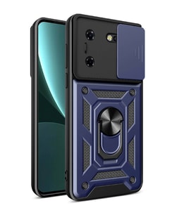 Tecno Pova 5 Kılıf Yüzüklü Standli Sürgülü Kamera Korumalı Tank Sert Silikon Kapak (Mavi)