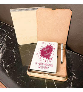 Sevgililer Günü Hediyesi Ahşap Kutulu Defter Kalem Set 013