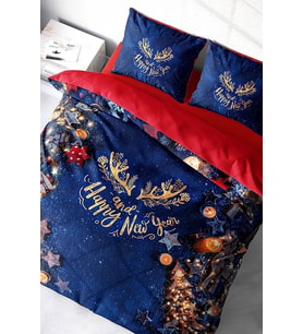 Yılbaşı Çift Kişilik Nevresim ( Lastikli Çarşaflı ) %100 Pamuk Saten Happy Noel