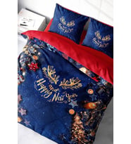 Yılbaşı Çift Kişilik Nevresim ( Lastikli Çarşaflı ) %100 Pamuk Saten Happy Noel