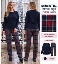 Angelina Kadın Düğmeli Yaka %100 Pamuk İnterlok Kışlık Pijama Takımı 10023 - 1 Adet