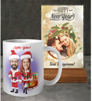 Kişiye Özel Fotoğraflı ve İsimli Yılbaşı Kadın Erkek Karikatürü Tasarımlı Beyaz Kupa ve Fotoğraflı ve Mesajlı Yeni Yıl Tasarımlı Masaüstü Plak oh1226