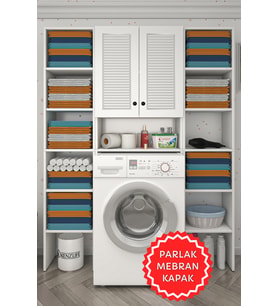 Kenzlife membran çamaşır makinesi dolabı sinemmaksduble byzbyz panjur 180*126*30 mebran kapak suntalam gövde kapaklı arkalıklı raflı (Beyaz-Gri)