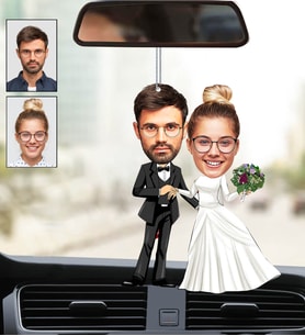Kişiye Özel Fotoğraflı Tatlı Gelin Damat Tasarımlı Karikatür Araba Dikiz Ayna Süsü