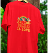 ALL YOU NEED IS LOVE BASKILI UNISEX BİSİKLET YAKA PAMUKLU OVERSIZE KALIP KISA KOLLU T-SHIRT (Kırmızı)