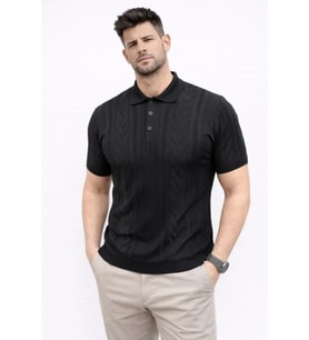 Erkek Yazlık Triko Tişört Kısa Kol Polo Yaka Düğmeli T-Shirt - Siyah