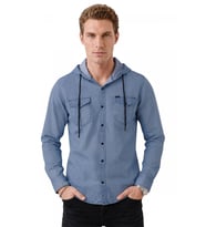 DeepSEA Beyaz Kapüşonlu Likralı Kot Gömlek – Slim Fit Çıt Çıt Kapamalı Erkek Gömlek 2300396