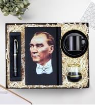 Atatürk Kabartmalı Roller Kalem & Atatürk Defter & Türk Kahvesi Fincanı & Kahve Yanı Su Bardağı Hediye Seti