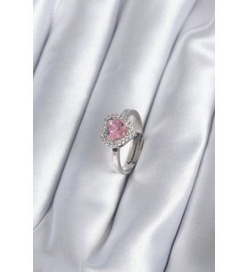 Pirinç Gümüş Renk Pembe Zirkon Taşlı Charm Model Kadın Yüzük