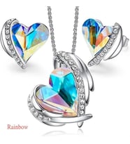 Swarovski Renkli Taşlı, Zirkon Taş İşlemeli  Kalp Takı Seti (Kolye Küpe), Yeni Yıl, Sevgililer Günü Hediye si, Ahşap Kutu İçerisinde (Açık Mavi)