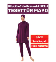 Premium Yüksek Kalite Konforlu Fermuarlı Tam Kapalı Yüzücü Deniz Havuz Taytlı Likralı TESETTÜR MAYO (Mor)