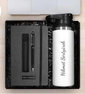 Kişiye Özel Çelik Termos & Kişiye Özel Defter & Kişiye Özel Deri Kılıflı Touch Pen Kalem Hediye Seti