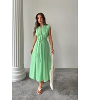 KETEN ELBİSE KOLSUZ BEL BAĞLAMALI MAXİ ELBİSE - Yeşil