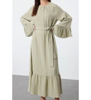 Moda Stil Relaxed Bisiklet Yaka Maxi Boy Tesettür Eteği Fırfırlı Müslin Dokuma Elbise (Mint)