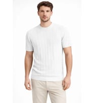 Erkek Yazlık Fitilli Triko Tişört Kısa Kol Bisiklet Yaka T-Shirt - Beyaz
