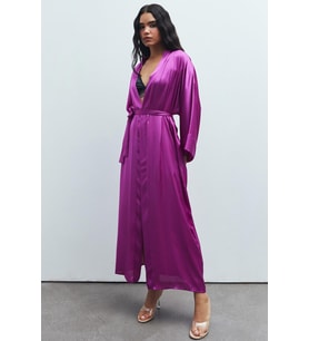Frappant Fuşya Uzun Saten Sabahlık / Kimono