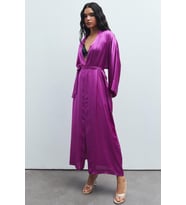 Frappant Fuşya Uzun Saten Sabahlık / Kimono