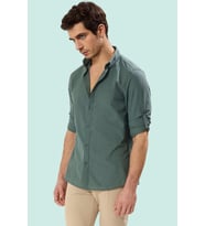 Erkek Pamuklu Gömlek Düğmeli Slim Fit Keten Görünümlü İş ve Günlük Yaz Aylarının Vazgeçilmezi (Koyu Yeşil)