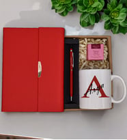 Kişiye Özel Kırmızı Lüks Termo Deri Defter& Kırmızı Touch Pen& Harf Baskılı Kupa& Teashop Bitki Çayı Hediye Seti