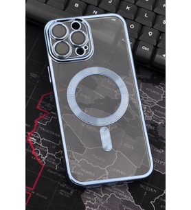 iPhone 14 Pro Max Uyumlu MagSafe Özellikli Saks Mavi Renkli Kenarlı Lazerli Şeffaf Kılıf Lens Korumalı (Renksiz)