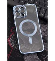 iPhone 14 Pro Max Uyumlu MagSafe Özellikli Saks Mavi Renkli Kenarlı Lazerli Şeffaf Kılıf Lens Korumalı (Renksiz)