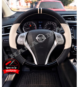 Nissan Qashqai Dikme Direksiyon Kılıfı Delikli Deri Parlak Siyah Bej Detay Çift Yüzük ve Dikiş 2013-2017