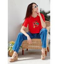 Oversize Baskılı Crop Tişört - Mercan