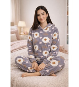 Kadın Desenli Kapüşonlu Gri Polar Pijama Takımı