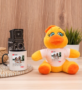 Kişiye Özel Youtube Tasarım Fotoğraflı Peluş Civciv ve Siyah Kupa