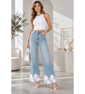 Kadın Taş İşlemeli Dantel Paça Denim Pantolon - Mavi