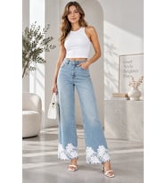 Kadın Taş İşlemeli Dantel Paça Denim Pantolon - Mavi
