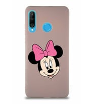 Huawei P30 Lite Soft Premier Kapak Minnie Mouse-C Tasarımlı Silikon Kılıf - Pudra (Şeffaf)