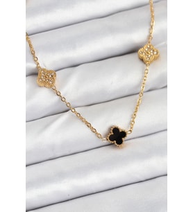 316L Çelik Zincir Gold Renk Siyah ve Zirkon Taşlı Baby Boy Yonca Kadın Kolye 588 - SSSSSS3442-4
