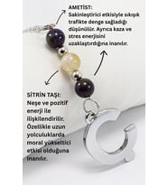 Doğal Taşlı Gümüş Renk Ç Harfi Araba Dikiz Ayna Süsü, Ametist, Sitrin Taşlı Zincirli Araba Hediyesi