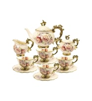 Gül Çiçekli Vintage İngiliz Porselen Çay Servisi 15 Parça (Beyaz)