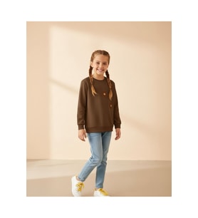 Miniğimin Cicileri Pul Çiçek İşlemeli Kız Çocuk Sweat - Kahve