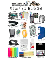 Masa Üstü Ofis Paketi 18 Parça Fotokopi Kağıdı Metal Evrak Rafı Metal Kalemlik Zımba Makinesi Teli Delegeç Çöp Kovası Küp Notluk (Siyah)