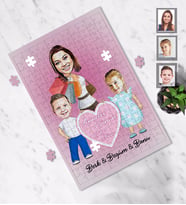 Kişiye Özel Anneler Günü Anne Erkek Kız Kardeş Karikatürlü A4 99 Parça Puzzle Model-2