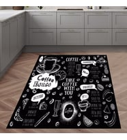 Coffee Yazılı Geometrik Desenli Dijital Baskılı Kaymaz Taban Yıkanabilir Leke Tutmaz Mutfak Halısı (Siyah)