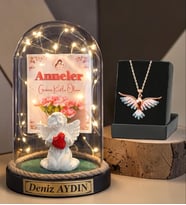 Anneler Günü Hediyesi Size Özel Led Işıklı Melek Annem Fanus ve Renkli Anka Kuşu Kolye