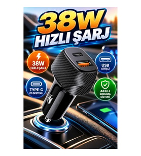 38W Çift Girişli Hızlı Oto Şarj Cihazı Type-C ve USB PD Destekli Araç Şarj Başlığı